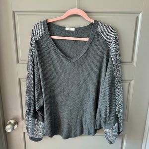 Grey Sequined Waffle Knit Top